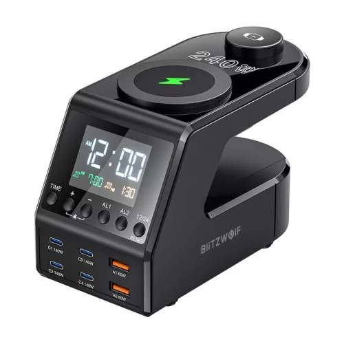 BlitzWolf BW-FW10 ébresztőóra töltővel 2xUSB-A 4xUSB-C 240W
