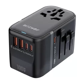   BlitzWolf BW-TA2 5 az 1-ben utazóadapter - 2x USB PD + 2× USB-C QC + USB-C GaN 100W