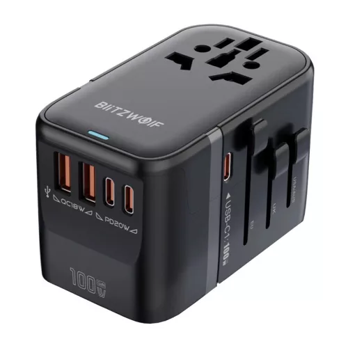 BlitzWolf BW-TA2 5 az 1-ben utazóadapter - 2x USB PD + 2× USB-C QC + USB-C GaN 100W