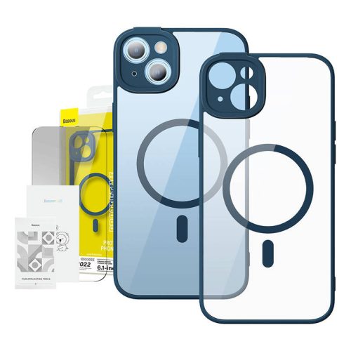 Baseus Frame iPhone 14 Átlátszó mágneses tok és üvegfólia (kék)