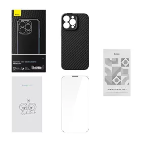   Baseus Synthetic Fiber Series (MagSafe) telefontok iPhone 14 Pro (fekete) + edzett üveg + tisztítókészlet