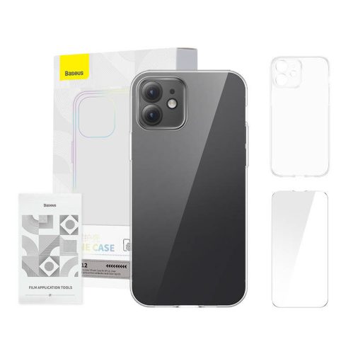 Baseus Crystal Series tok iPhone 12 (átlátszó), edzett üvegfólia + tisztító készlet