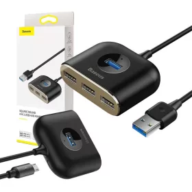  Baseus Square Round 4 az 1-ben hordozható adapter, 1x USB 3.0 + 3x USB 2.0, 1 m (fekete)