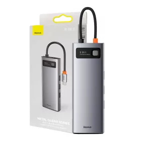   Baseus Metal Gleam Series 9 az 1-ben hub, USB-C - 3x USB 3.0 + HDMI + USB-C PD + Ethernet RJ45 + microSD / SD + VGA (szürke)