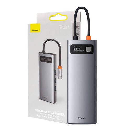 Baseus Metal Gleam Series 9 az 1-ben hub, USB-C - 3x USB 3.0 + HDMI + USB-C PD + Ethernet RJ45 + microSD / SD + VGA (szürke)