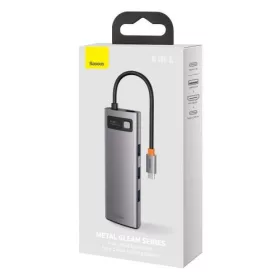   Baseus Metal Gleam 8 in1 Multifunkciónális USB-C HUB - USB-C PD 100W + HDMI 4K 30Hz + 3x USB 3.0 + RJ45 1Gbps + SD/MicroSD kártyaolvasó (Szürke)