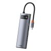 Baseus Metal Gleam 8 in1 Multifunkciónális USB-C HUB - USB-C PD 100W + HDMI 4K 30Hz + 3x USB 3.0 + RJ45 1Gbps + SD/MicroSD kártyaolvasó (Szürke)