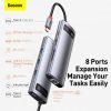Baseus Metal Gleam 8 in1 Multifunkciónális USB-C HUB - USB-C PD 100W + HDMI 4K 30Hz + 3x USB 3.0 + RJ45 1Gbps + SD/MicroSD kártyaolvasó (Szürke)