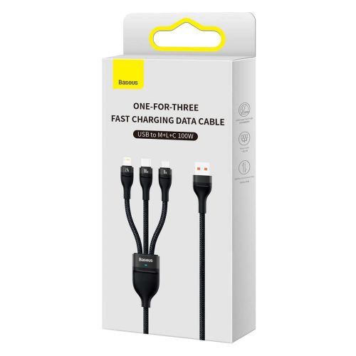Baseus Flash series 3in1 USB kábel, USB-C / micro USB / Lightning, 100W, 1.2m (Fekete)