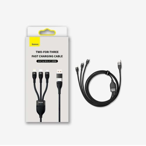 Baseus Flash Series 3in1 USB-kábel, USB-C + micro USB + Lightning, 100W, 1.2m (kék)