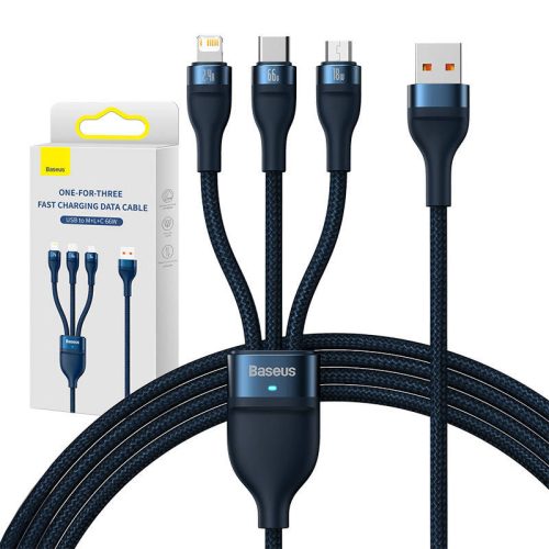 Baseus Flash 3in1 USB töltőkábel, USB-C + Micro USB + Lightning 66W, 1.2m (kék)