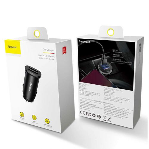 Baseus Square 2xUSB autós töltő QC3.0 SCP AFC 30W  (Fekete)