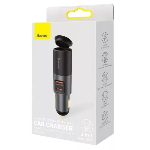 Baseus autós töltő Share Together C+U / Cigarette lighter socket, PPS, PD3.0, QC4.0+, SCP, 120W (szürke)