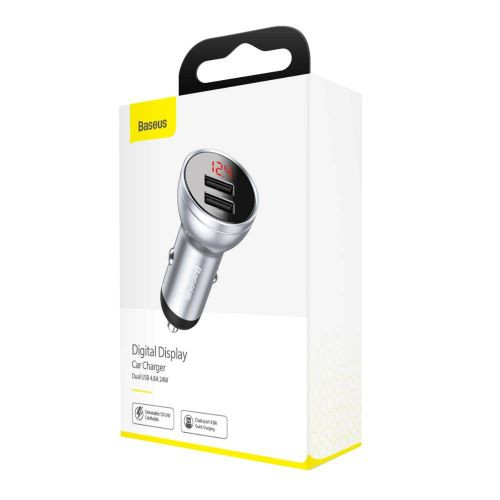 Baseus autós töltő 2USB 4.8A 24W LCD kijelzővel (Ezüst)