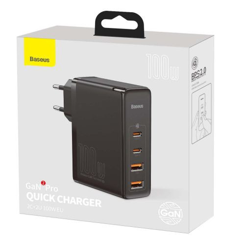 Baseus GaN2 Pro fali töltő, 2x USB + 2x USB-C, 100W, EU (Fekete)