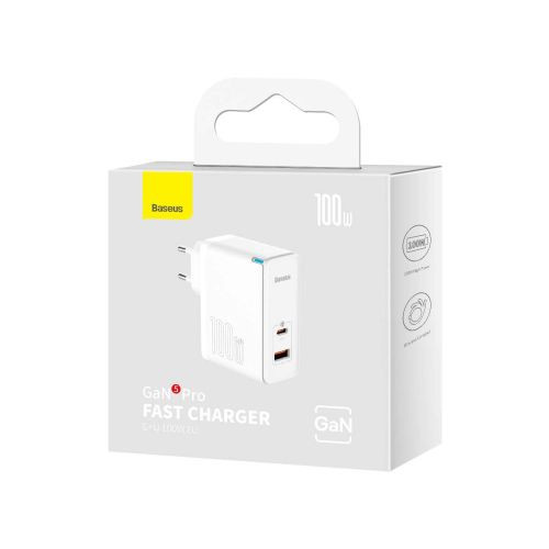 Baseus GaN5 Pro USB-C + USB hálozati töltő, 100W + 1m kábel (Fehér)