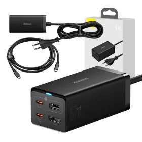   Baseus GaN5 Pro asztali gyorstöltő USB + 2x USB-C + HDMI, 67W 1,5m-es tápkábellel + USB-C - USB-C adatkábel, 100W (20V/5A), 1m (fekete)