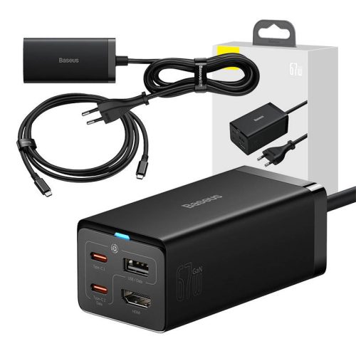 Baseus GaN5 Pro asztali gyorstöltő USB + 2x USB-C + HDMI, 67W 1,5m-es tápkábellel + USB-C - USB-C adatkábel, 100W (20V/5A), 1m (fekete)