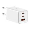 Baseus GaN5 Pro hálózati töltő 2xType-C + USB, Type-C-Type-C kábellel, 65W (Fehér)