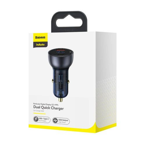 Baseus Particular autós töltő USB/USB-C 65W 5A SCP QC 4.0 + PD 3.0 LCD kijelzővel (Szürke)