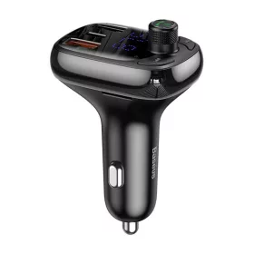   Baseus Autós Töltő - Bluetooth FM Transmitter S-13, BT. 5.0, 10m Range, USB-A QC 12V/ 2.4A, USB-A 5V/ 1.5A, Type-C 12V/ 2.4A, (Fekete)