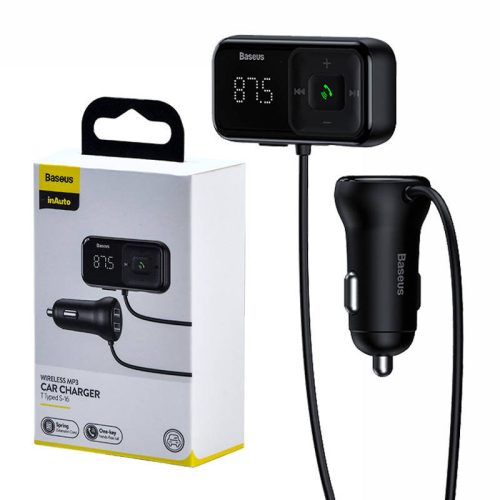 Baseus autós töltő Bluetooth Fm adóvevő T-típusú S-16 kijelzővel 2xUSB MicroSD (fekete)