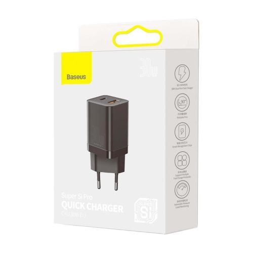 Baseus Utazó Gyorstöltő - Super Si Pro mini - C+U, PD 3.0, QC 3.0 30W (Fekete)