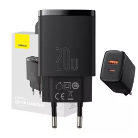   Baseus Compact gyorstöltő adapter 20W Type-C + USB (Fekete)