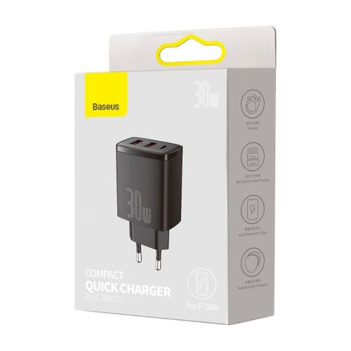Baseus Compact gyorstöltő adapter 30W USB-C + 2XUSB (Fekete)