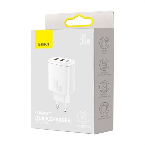 Baseus Compact gyorstöltő adapter 30W USB-C + 2XUSB (Fehér)