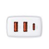 Baseus Compact gyorstöltő adapter 30W USB-C + 2XUSB (Fehér)