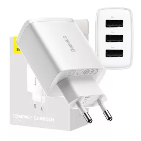   Baseus kompakt gyorstöltő, hálózati töltő, 3x USB, 17W (Fehér)