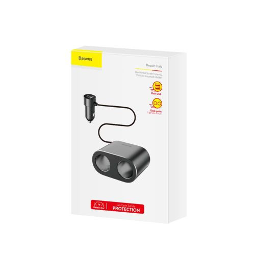 Baseus High Efficiency 2 szivargyújtós elosztó (80W) + 2USB autós töltő 3.1A (fekete)