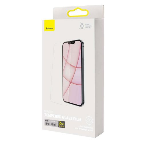 Baseus iPhone 13mini 0,3mm Full-glass szuper porcelán kristály edzett üveg, 2 db + felhelyező eszköz (Átlátszó)