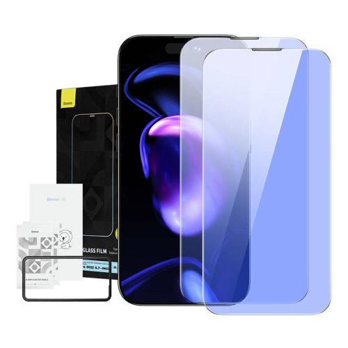 Baseus Crystal iPhone 14 Pro Max Edzett üvegfólia kékfény szűrővel és porálló bevonattal, 0,3mm (2 db)