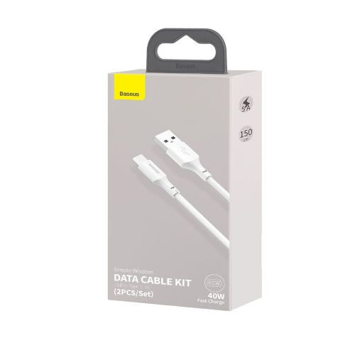 Baseus Simple Wisdom USB-C adat/töltőkábel PD 40W 5A 1,5m, 2db (Fehér)