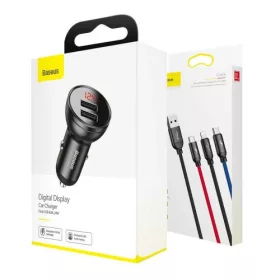   Baseus 2USB 4,8A 24W autós töltő LCD kijelzővel + 3in1 töltő kábellel