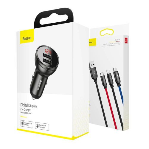 Baseus 2USB 4,8A 24W autós töltő LCD kijelzővel + 3in1 töltő kábellel