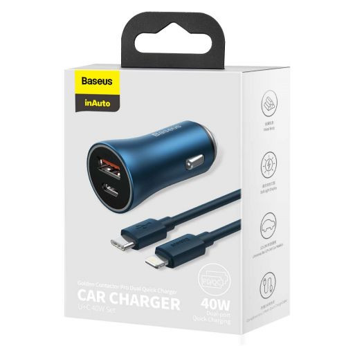Baseus Golden Contactor Pro autós töltő, USB + USB-C, QC4.0 +, PD, SCP, 40 W, kék + USB-C - Lightning kábel 1m (kék)