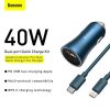 Baseus Golden Contactor Pro autós töltő, USB + USB-C, QC4.0 +, PD, SCP, 40 W, kék + USB-C - Lightning kábel 1m (kék)