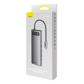   Baseus Metal Gleam hub 12 az 1-ben HDMI / DP / USB / USB-C / Mini jack 3.5mm / RJ45 / SD / TF (szürke)