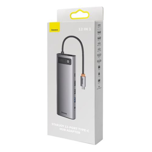 Baseus Metal Gleam hub 12 az 1-ben HDMI / DP / USB / USB-C / Mini jack 3.5mm / RJ45 / SD / TF (szürke)