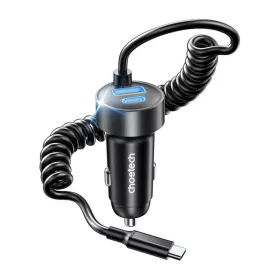   Choetech TC0030 65W-os autós gyorstöltő USB-C és USB-A porttal, 1,2 m rugós kábellel (fekete)
