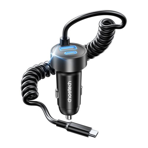 Choetech TC0030 65W-os autós gyorstöltő USB-C és USB-A porttal, 1,2 m rugós kábellel (fekete)