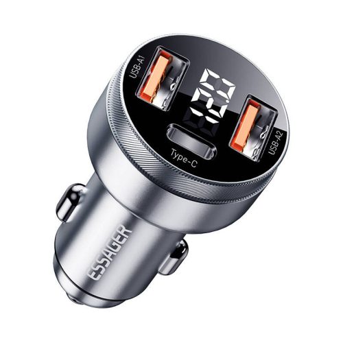 Essager LED Autós Töltő 2xUSB-A+USB-C 80W (szürke)