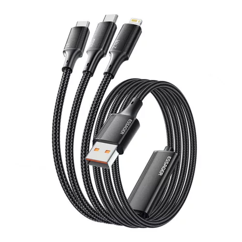Essager 3in1 100W USB-C/Lightning/Micro Kábel, 1.2m, (Fekete) (EXCMTL-JJ01-P)