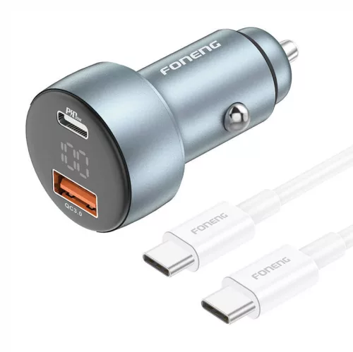 Foneng Autós Töltő USB-A És /USB-C Csatlakozó , 48W, (Szürke) (C18 Type-C to Type-C)