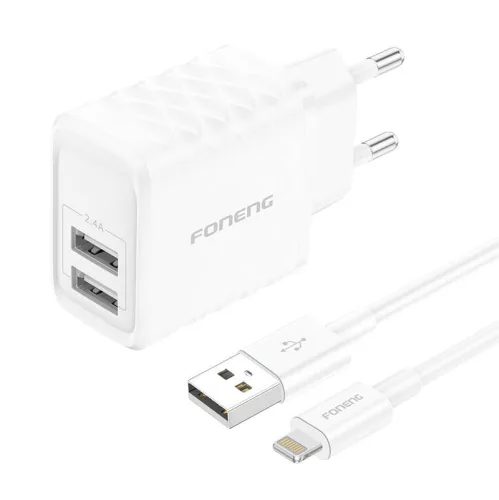 Foneng 2x USB-A 2.4A (Fehér) Töltő + USB-A – Lightning Kábel (EU53 iPhone)