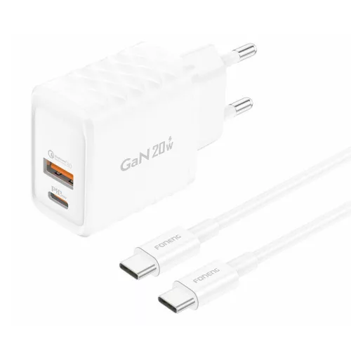 Foneng 20W USB-A És USB-C Hálózati Töltő (Fehér) Kábellel (EU56-Type-C-to-Type)