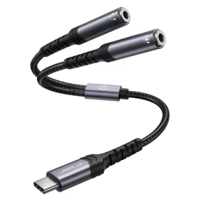   JSAUX USB-C (Type C) - Dual 3,5mm Jack és Mikrofon (Female AUX) Átalakító-kábel Adapter [Szürke, 28cm]